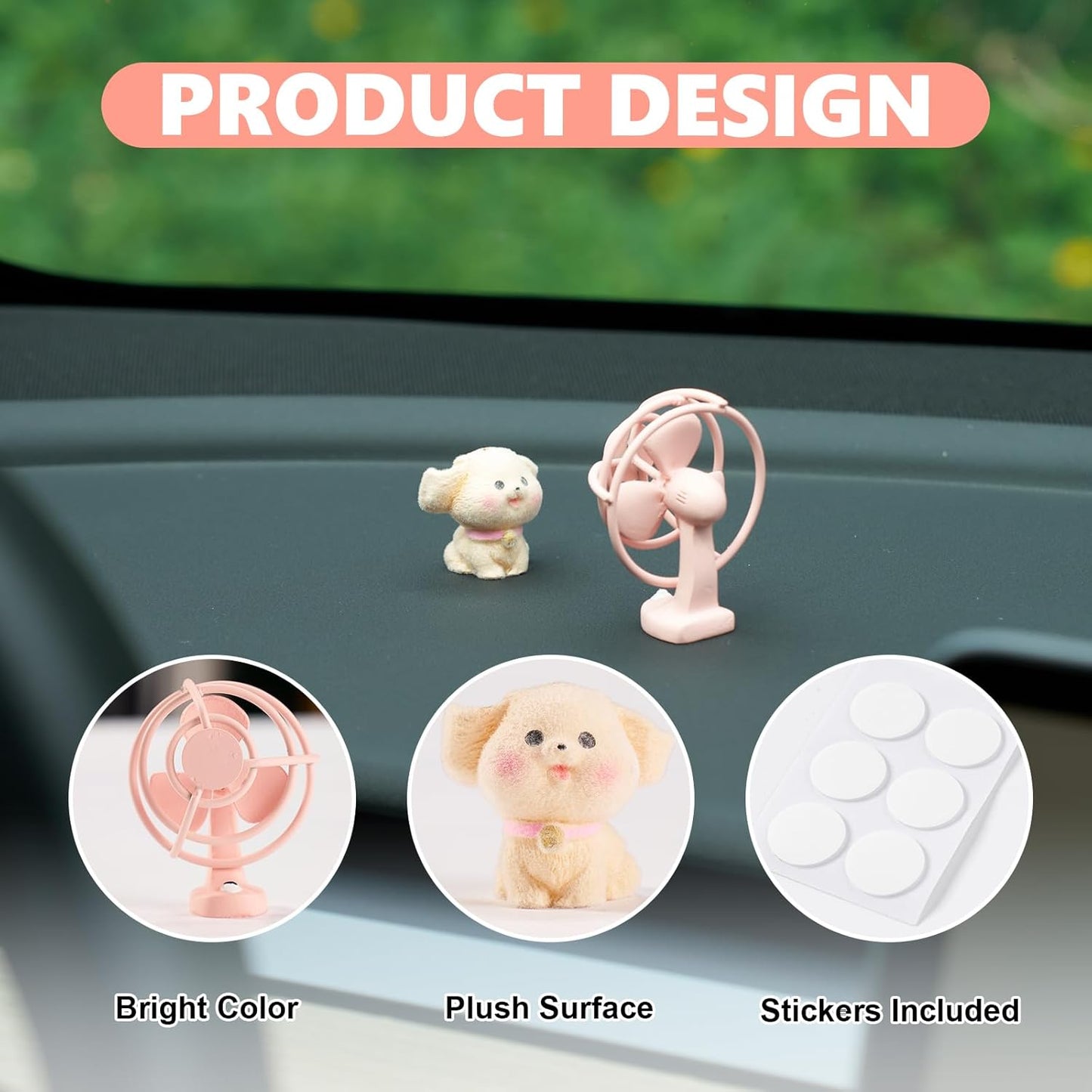 Cute Puppy & Mini Fan Car Dashboard Ornament Set – Creative Cartoon Resin Decoration for Car Interior, Office Desk, Home Décor, Adorable Gift Figurines