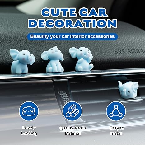 Blue Elephant Dashboard Ornament Set – 4Pcs Mini Resin Figurines Cute Animal Car Accessories Desk Decorations Gift Collection