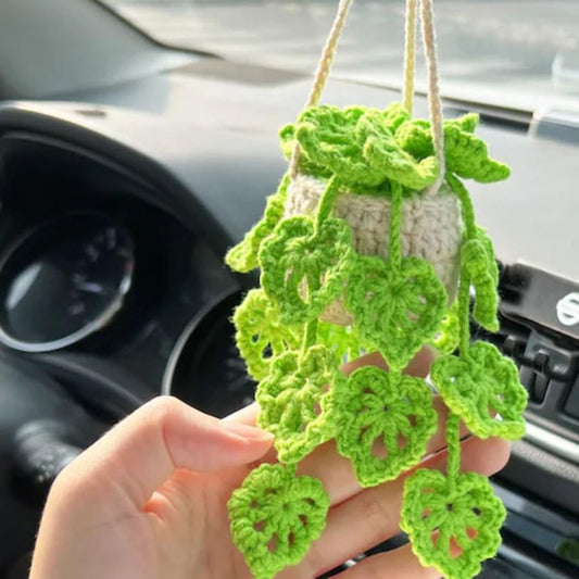 Handmade Knitted Green Plant Car Dashboard Hanging Ornament – Creative Yarn Crochet Decoration, Cute Artificial Potted Plant for Car, Home & Office, Perfect Gift Idea