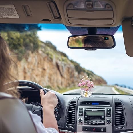 Crystal Rose Bouquet Car Dashboard Ornament – Elegant Pink Flower Resin with Pearl Decoration, Decorative Figurine for Car, Home, Office, and Gift