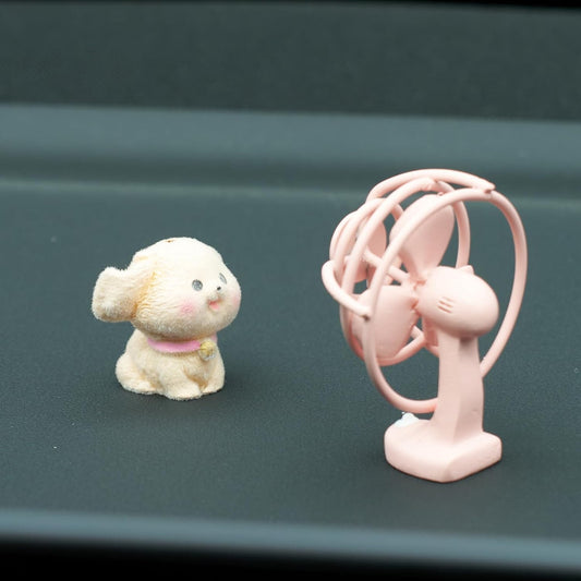 Cute Puppy & Mini Fan Car Dashboard Ornament Set – Creative Cartoon Resin Decoration for Car Interior, Office Desk, Home Décor, Adorable Gift Figurines