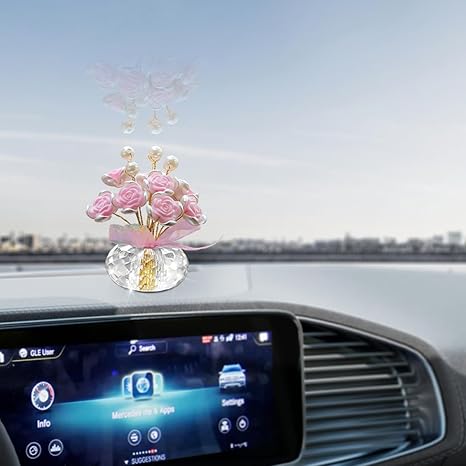 Crystal Rose Bouquet Car Dashboard Ornament – Elegant Pink Flower Resin with Pearl Decoration, Decorative Figurine for Car, Home, Office, and Gift