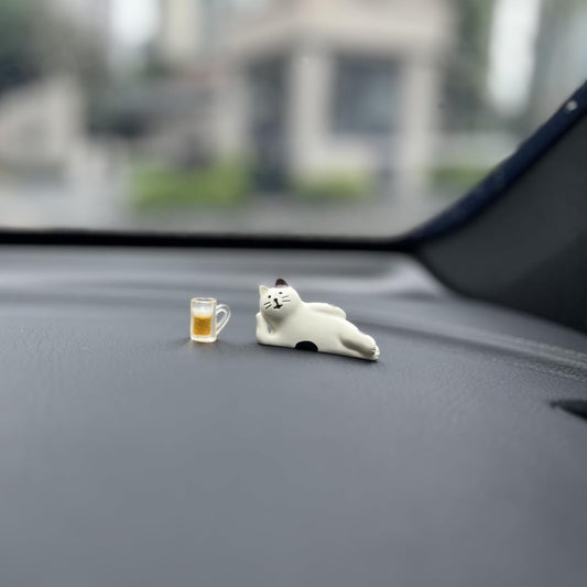 Lazy Cat Dashboard Ornament – Cute Car Interior Decoration with Mini Beer Mug, Resin Figurine for Home, Office, and Desktop Decor
