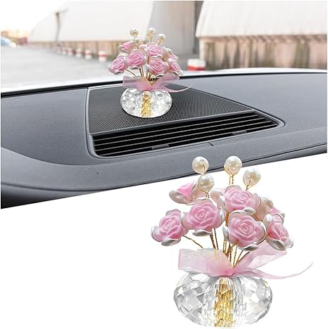 Crystal Rose Bouquet Car Dashboard Ornament – Elegant Pink Flower Resin with Pearl Decoration, Decorative Figurine for Car, Home, Office, and Gift