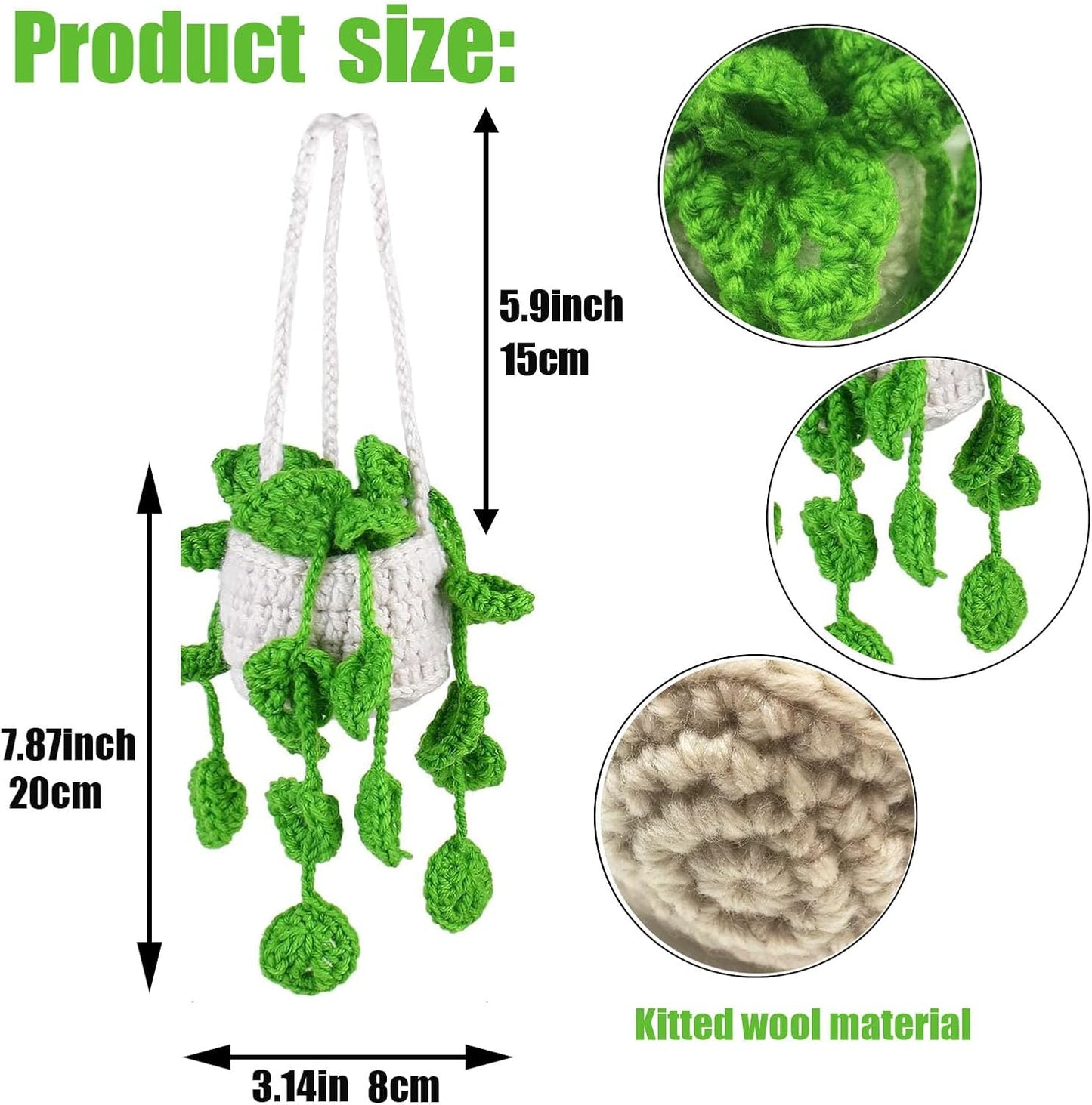 Handmade Knitted Green Plant Car Dashboard Hanging Ornament – Creative Yarn Crochet Decoration, Cute Artificial Potted Plant for Car, Home & Office, Perfect Gift Idea
