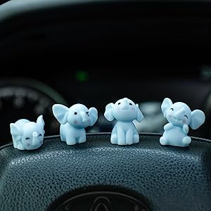 Blue Elephant Dashboard Ornament Set – 4Pcs Mini Resin Figurines Cute Animal Car Accessories Desk Decorations Gift Collection