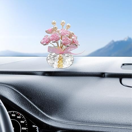Crystal Rose Bouquet Car Dashboard Ornament – Elegant Pink Flower Resin with Pearl Decoration, Decorative Figurine for Car, Home, Office, and Gift