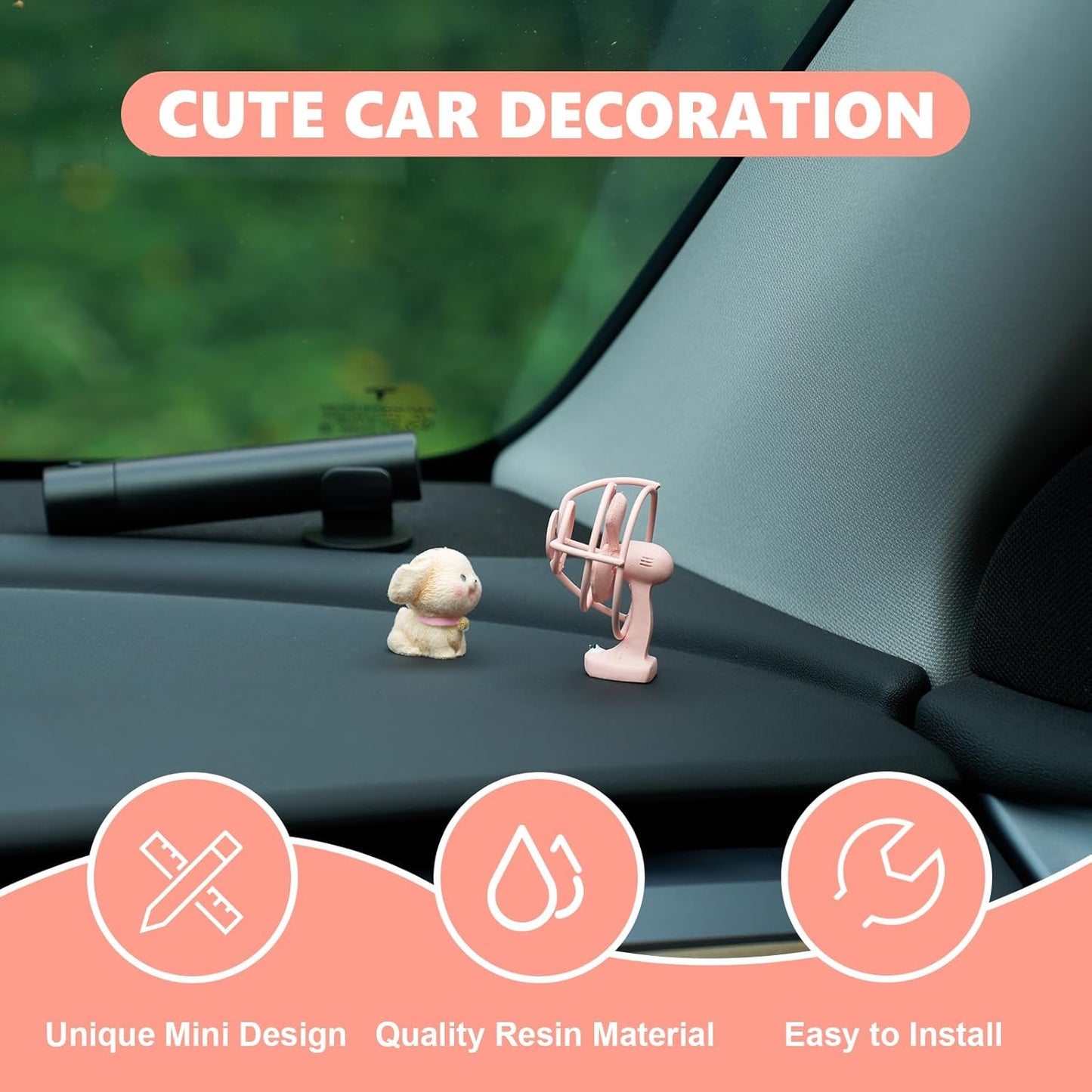 Cute Puppy & Mini Fan Car Dashboard Ornament Set – Creative Cartoon Resin Decoration for Car Interior, Office Desk, Home Décor, Adorable Gift Figurines