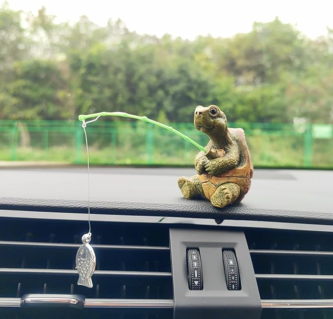 Creative Turtle Fishing Car Dashboard Ornament – Cute Resin Figurine, Funny Mini Decoration for Car Interior, Home or Office Desk, Unique Gift Choice