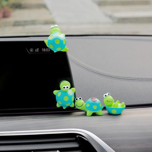 Car Dashboard Turtle Figurine Set – Cute Cartoon Animal Ornaments for Car Interior, Home, Office, and Desk Decor (4-Piece Collection)