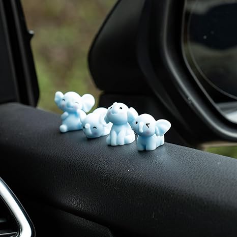 Blue Elephant Dashboard Ornament Set – 4Pcs Mini Resin Figurines Cute Animal Car Accessories Desk Decorations Gift Collection