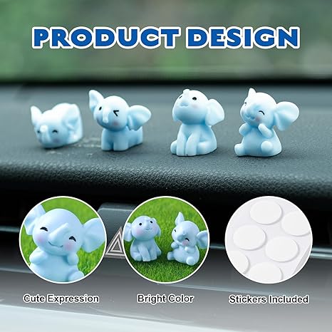 Blue Elephant Dashboard Ornament Set – 4Pcs Mini Resin Figurines Cute Animal Car Accessories Desk Decorations Gift Collection