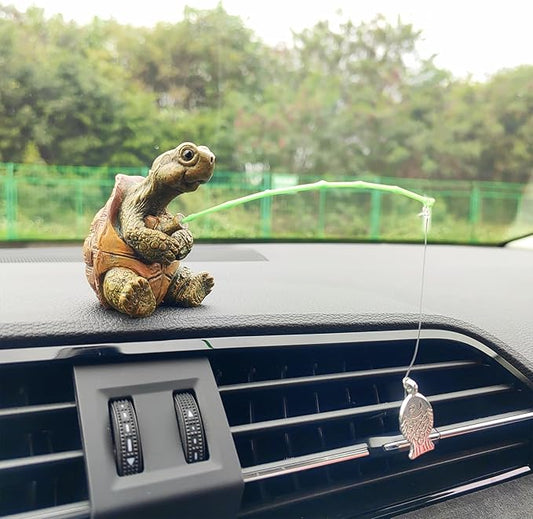Creative Turtle Fishing Car Dashboard Ornament – Cute Resin Figurine, Funny Mini Decoration for Car Interior, Home or Office Desk, Unique Gift Choice