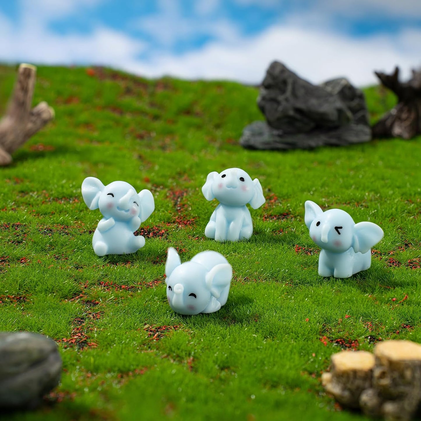 Blue Elephant Dashboard Ornament Set – 4Pcs Mini Resin Figurines Cute Animal Car Accessories Desk Decorations Gift Collection